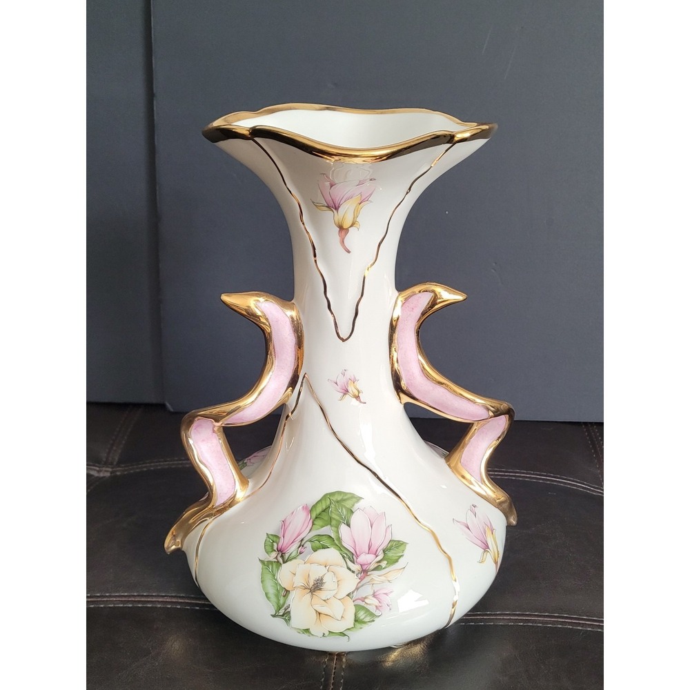Vintage J&C Jaeger Porcelain Vase Pink Gold Floral‎ Ornate Handles Germany
